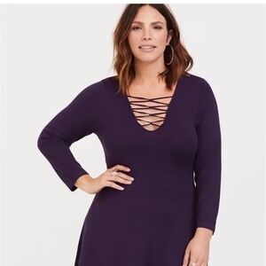 Torrid Purple 3/4 Sleeve Lattice Mini sexy Skater Knit Sweater Dress Sz 1 plus